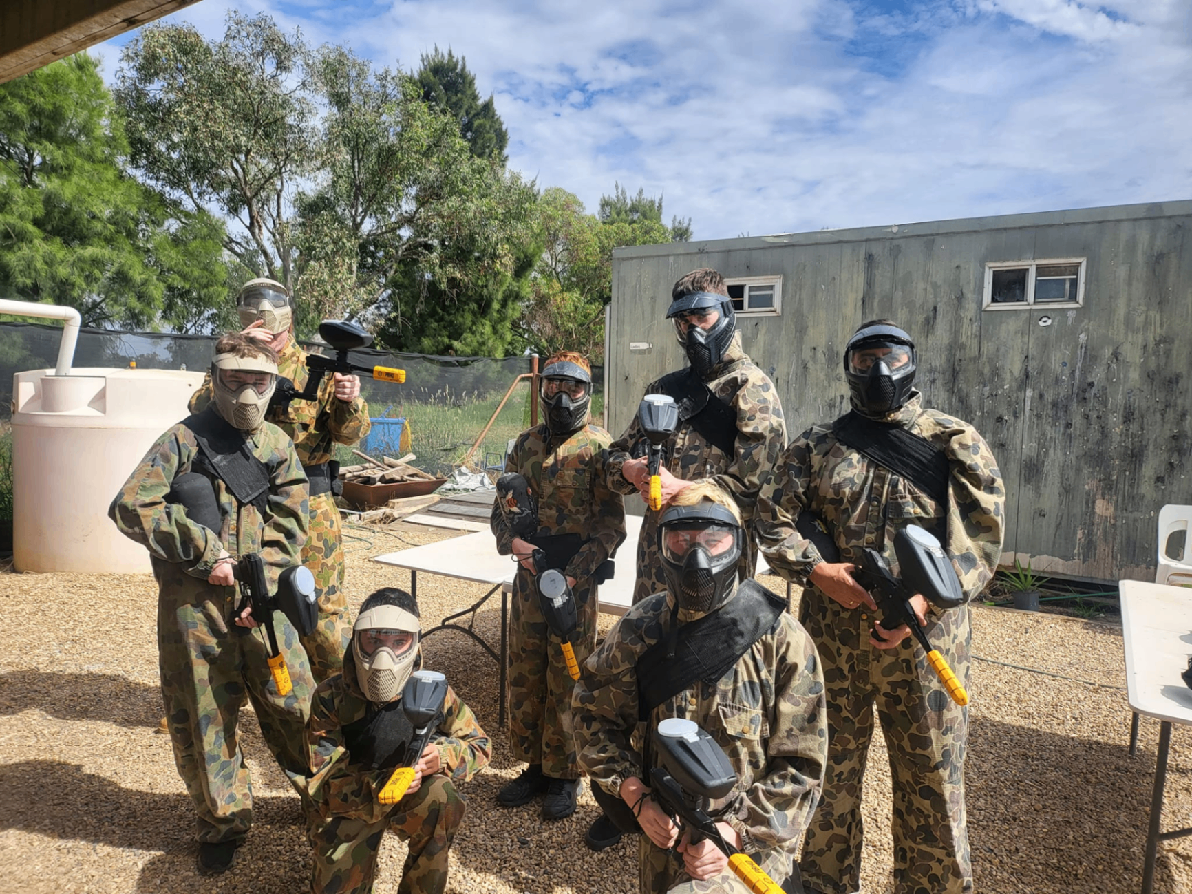 Crew suited up for paintball